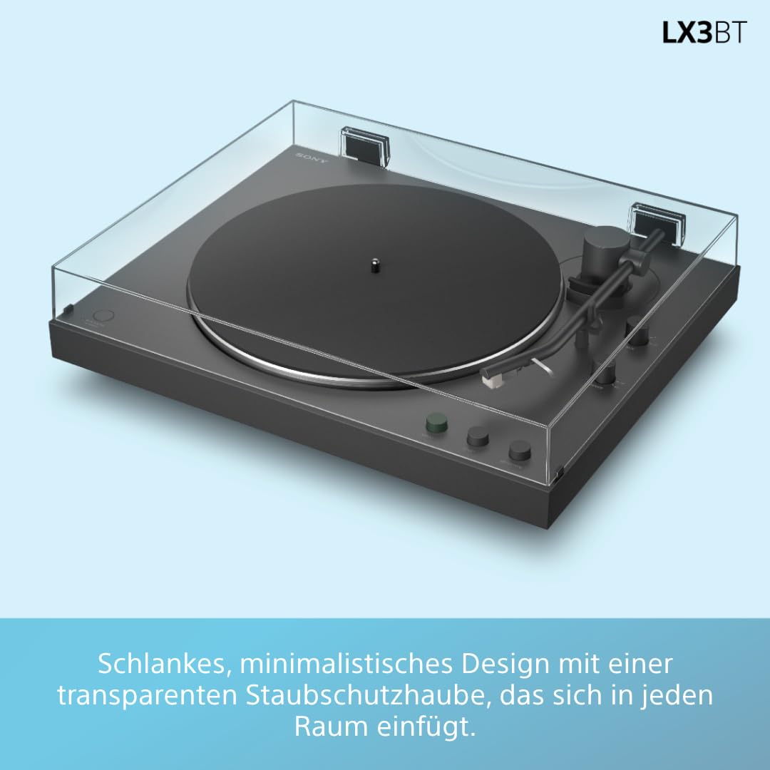 Sony PS-LX3BT wireless Bluetooth turntable with fully automatic playback, Hi-Res Audio, belt drive, built-in phono preamp, 2 speeds, and dust cover – Black