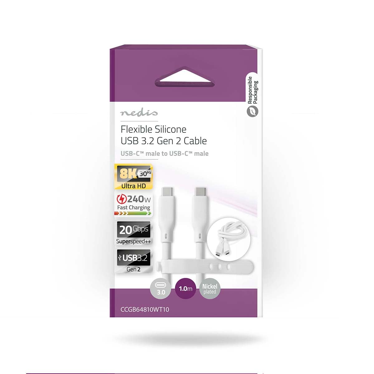 NEDIS Cablu USB | USB 3.2 Gen 2 | Conector USB-C™ | Conector USB-C™ | 240 W | 8K@30Hz | 20 Gbps | Nichelat | 1.00 m | Rotund | Silicon | Alb | Cutie - CCGB64810WT10