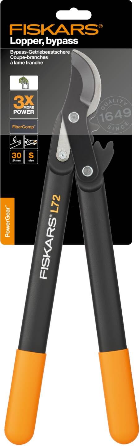 Fiskars PowerGear II Bypass - Foarfeca cu transmisie pentru lemn proaspăt, cu strat antiaderent, din oțel de precizie călit, negru/orange, 1001555 L72 (ramură 2,8 cm)