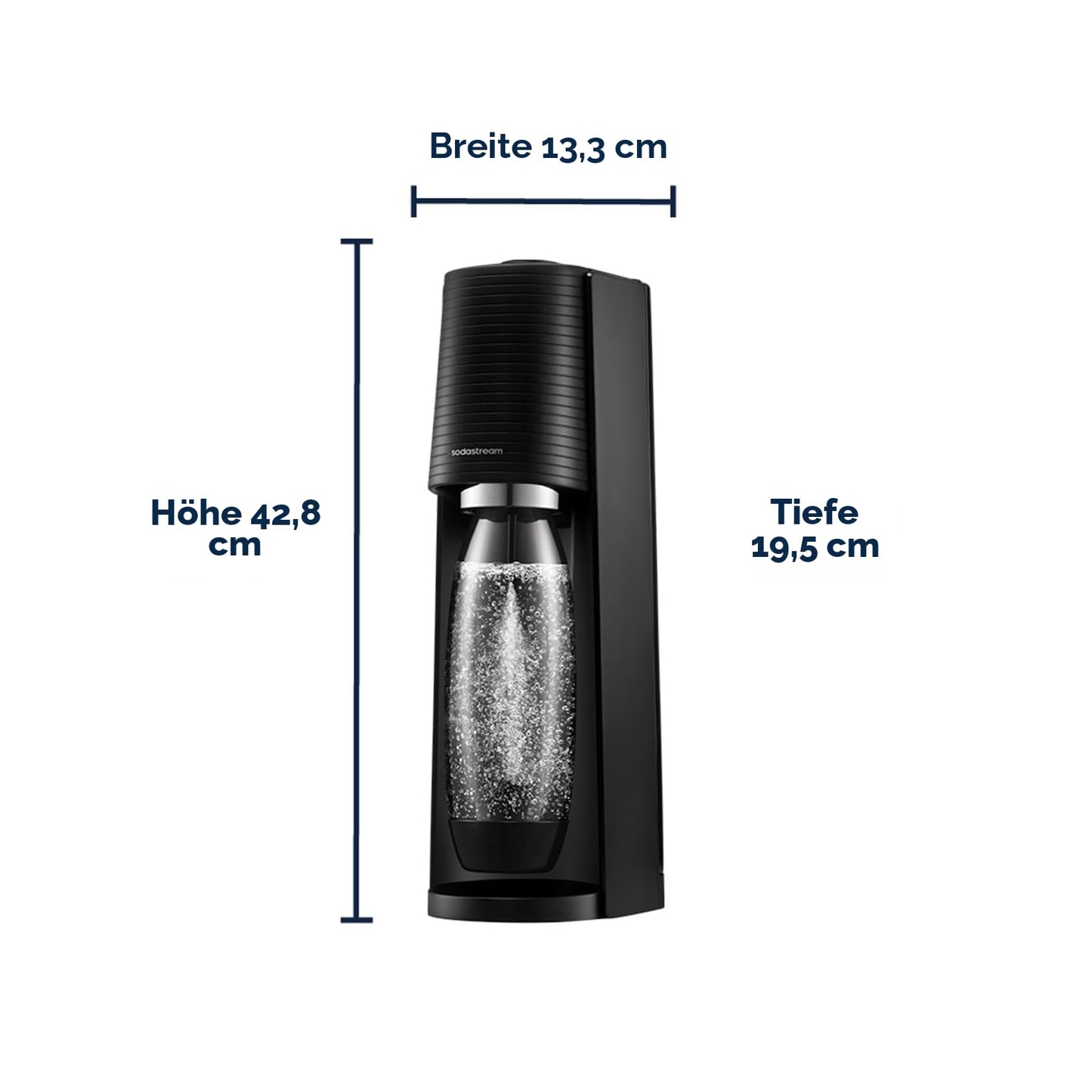Sodastream TERRA water soda maker, Soda Stream machine with 1 Quick Connect 60L CO2 cylinder, 2x 1L and 3x 1L dishwasher-safe plastic soda bottles, height 44 cm, black - 1100448490