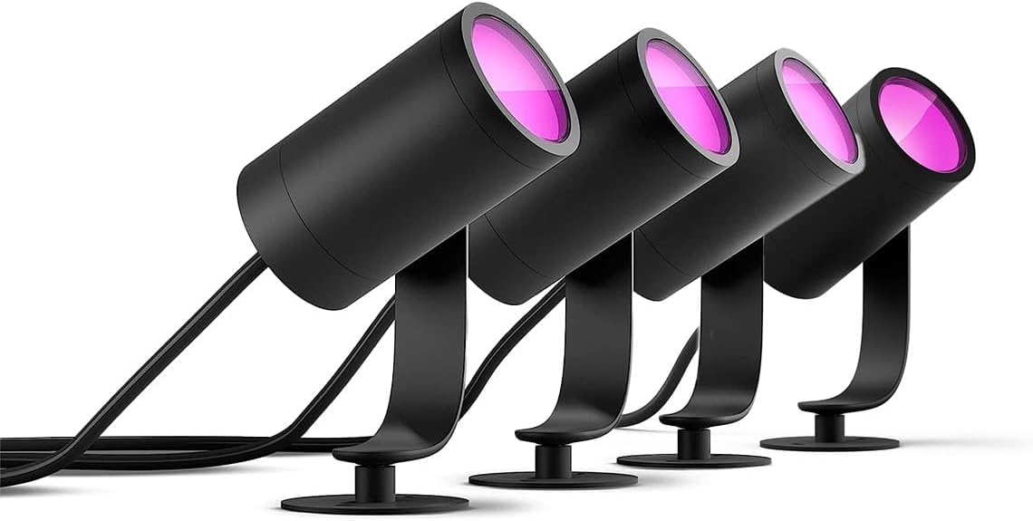 Philips Hue White & Color Ambiance Lily garden spot standard set with 40W power supply (590 lm), dimmable outdoor light with 16 million colors, smart light control via voice or app, black, pack of 4 - 8721103090812