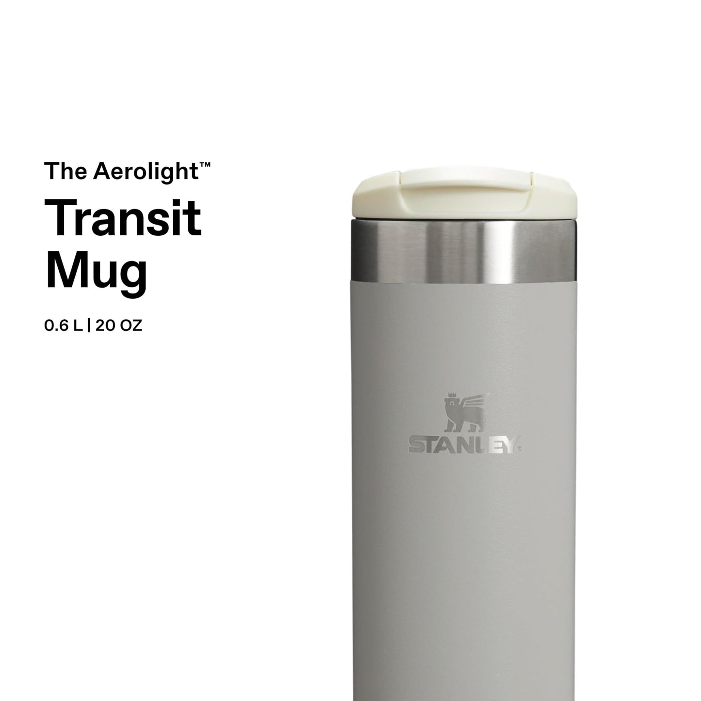 Stanley 1913 Aerolight Transit Thermo Mug 0.6L - Keeps Hot for 6 Hours - Dishwasher Safe - Coffee Mug To Go Leak-Proof - Compatible with Common Car Drink Holders - Thermos Flask - Ash - 100000107917