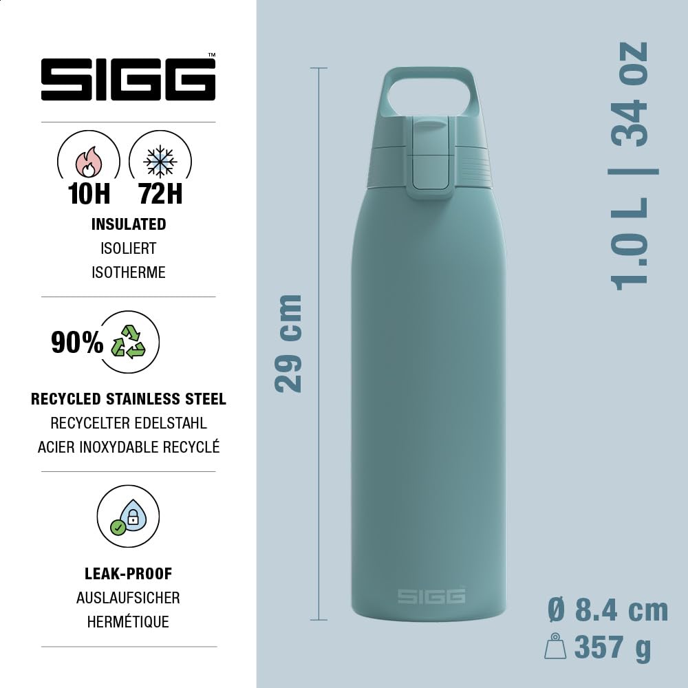 SIGG - Insulated drinking bottle - Thermos bottle Shield Therm One Morning Blue carbonated drinks - Leak-proof - Dishwasher safe - BPA-free - 90% recycled stainless steel - Gray blue - 1L - 6021.40
