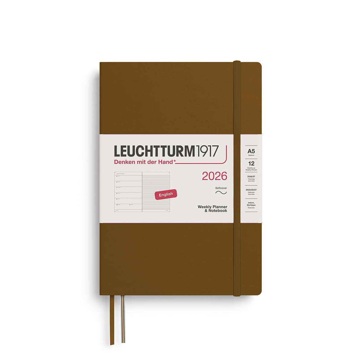 LEUCHTTURM1917 372683 Calendar săptămânal și caiet mediu (A5) 2026, copertă moale, maro condiment, engleză