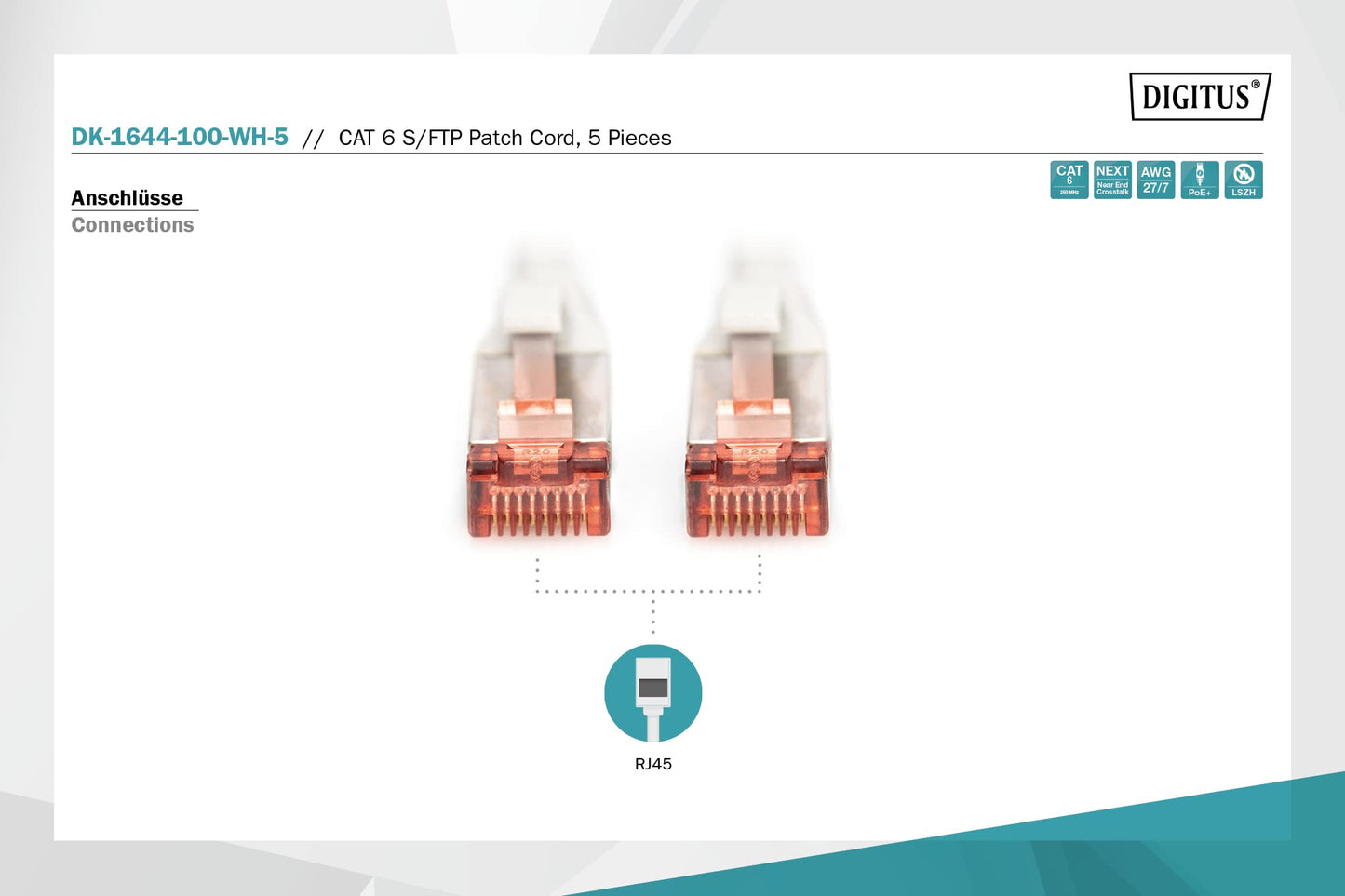 DIGITUS LAN cable Cat 6 – 10 m – 5 pieces – S/FTP shielded – white - DK-1644-100-WH-5