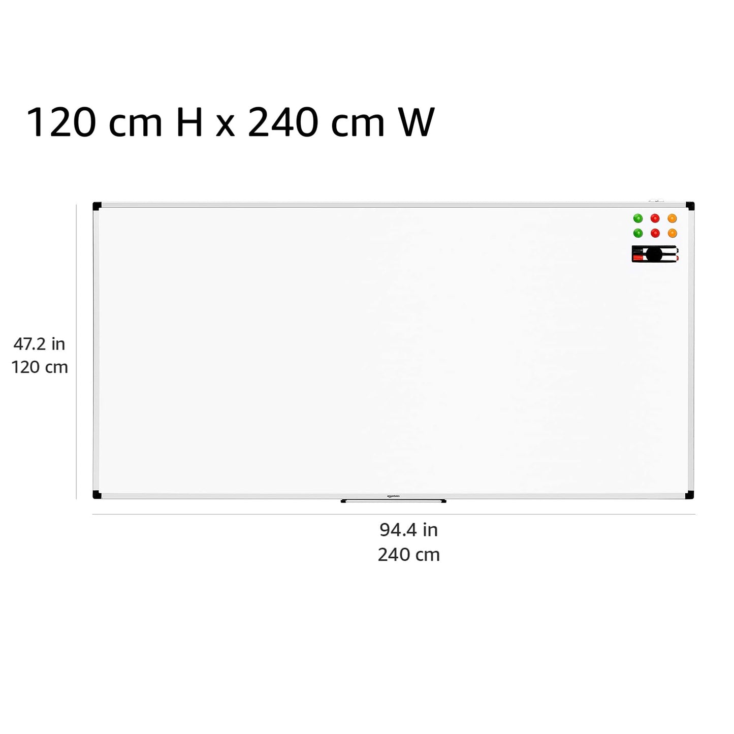 Amazon Basics magnetic whiteboard with aluminum frame, pen holder, 6 magnets, 1 eraser and 2 markers for office and home, wall mounting, dry wipeable, 240cm x 100cm - 1548964552