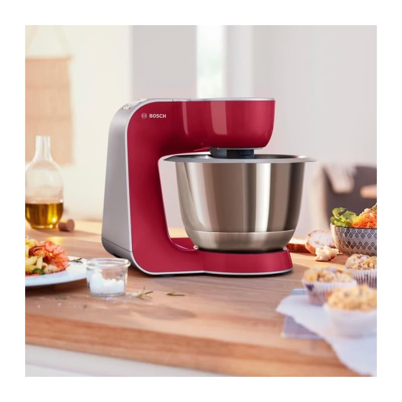 Mașină de gătit Bosch Serie 4, bol din oțel inoxidabil de 3,9 L, rezistent la mașina de spălat vase, blender de 1,25 L, mixer planetar, cârlig de frământat, tel, paletă de amestecat, aparat de tăiat cu 3 discuri, 1000 W, roșu închis, MUM58720