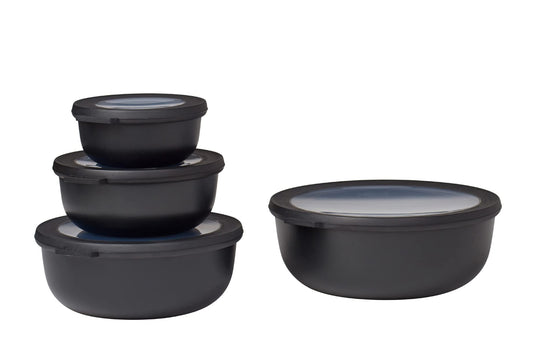 Set Mepal multi-bol Cirqula Round din 4 piese - recipiente pentru cuptorul cu microunde - potrivite ca recipient de depozitare, pentru frigider, congelator și cuptor cu microunde - 350, 750, 1250, 2250 ml - negru nordic - 106232041100