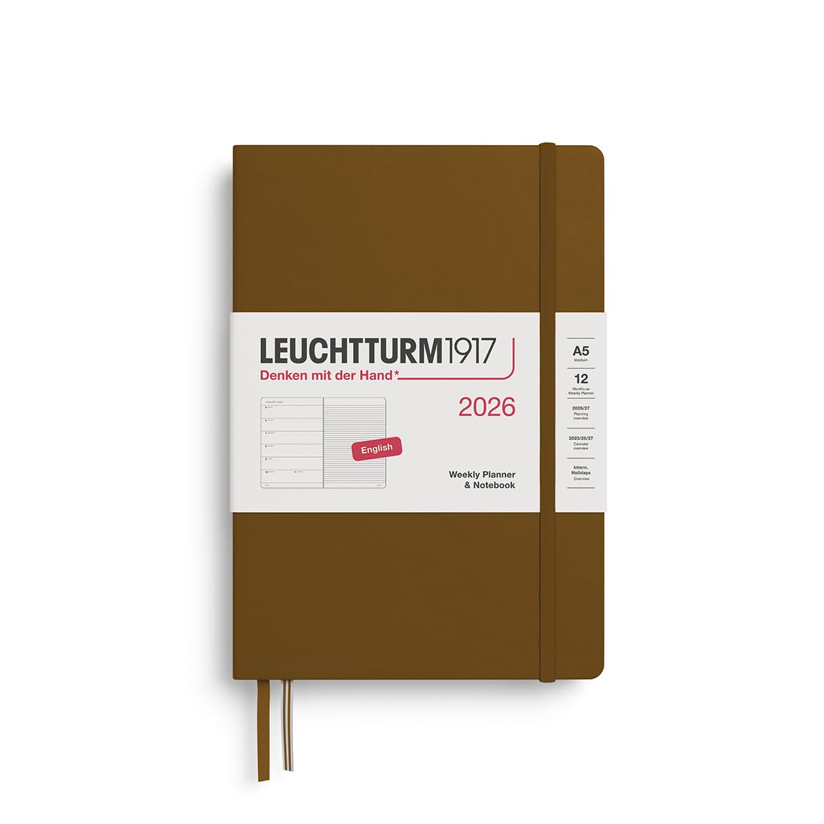 LEUCHTTURM1917 372662 Calendar săptămânal și caiet mediu (A5) 2026, Spice Brown, engleză
