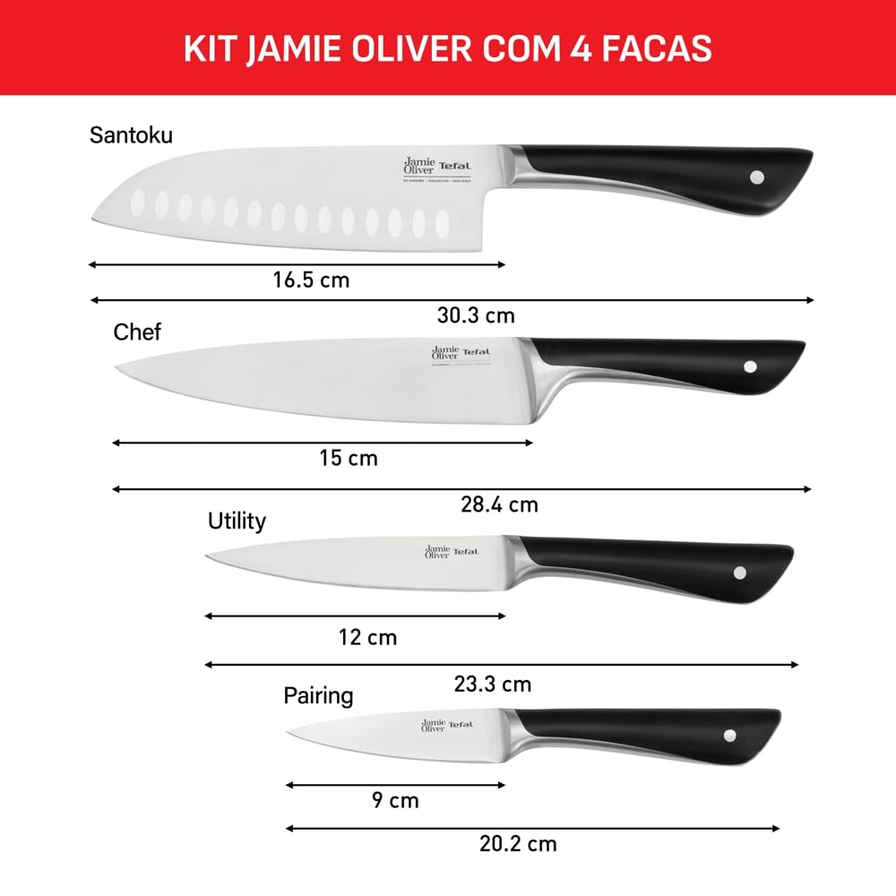 Tefal Jamie Oliver 4-piece knife set, chef's knife, santoku knife, utility knife, paring knife, distinctive design, ice-hardened, durable blades, stainless steel/black, K267S4 - K267S455