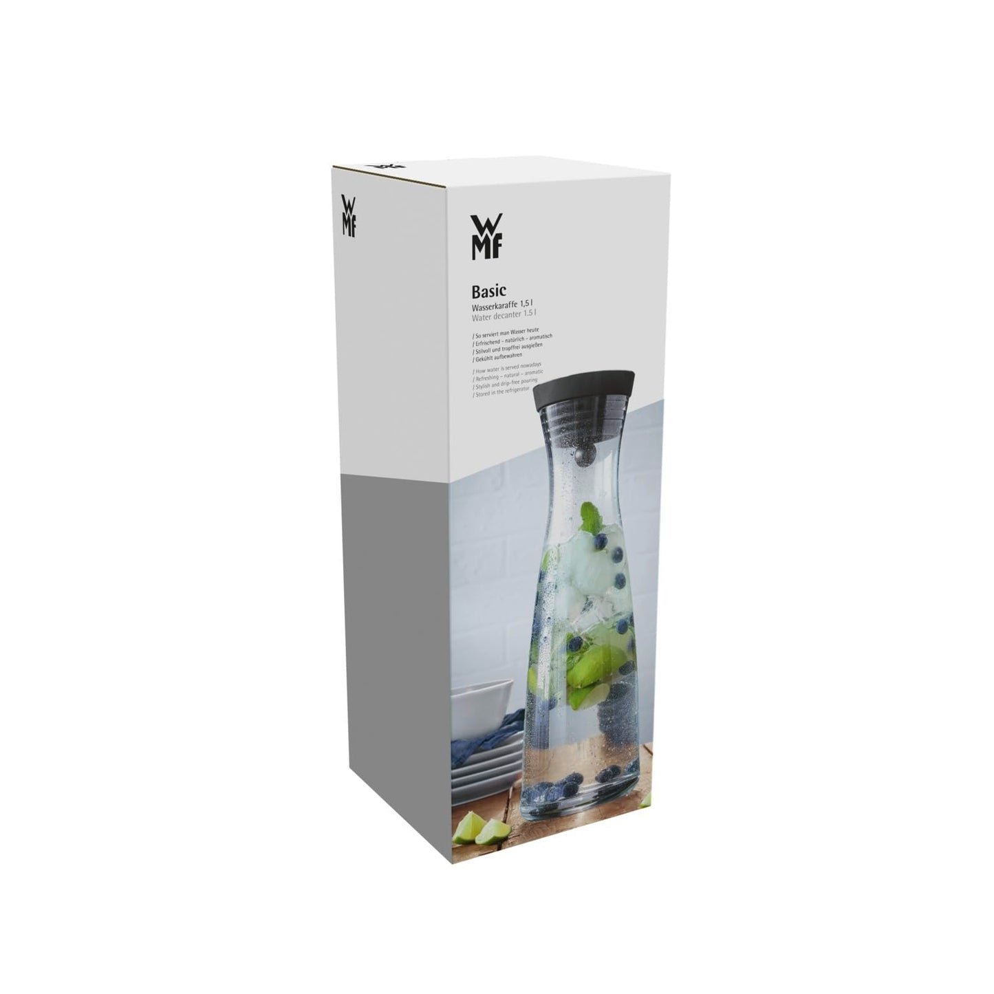WMF Basic water carafe 1.5 l, glass carafe with lid 1.5 l, silicone lid, CloseUp closure made of Cromargan stainless steel, including sieve for holding back ice cubes and fruit - 617726040