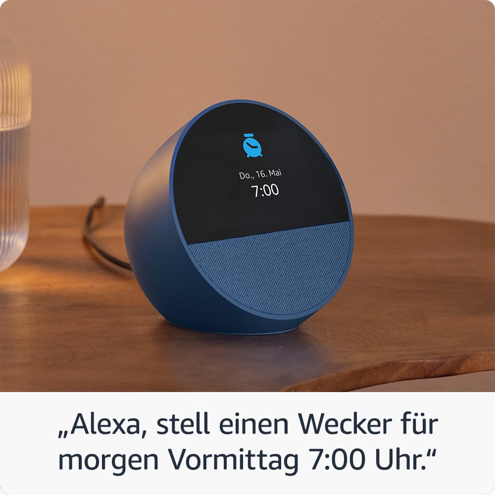Certified and refurbished Amazon Echo Spot (2024), smart alarm clock with rich sound and Alexa, blue - BV84J9