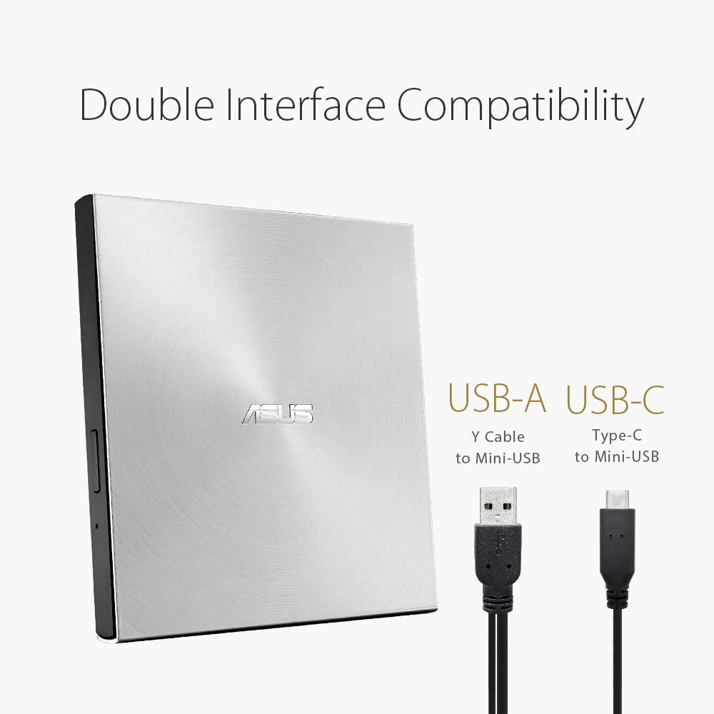 Asus ZenDrive U9M USB-C external ultra slim DVD burner (incl. USB-C cable, burning software & Nero backup app), for Apple MacBooks and Windows 7/8 / 10/11 PCs/notebooks, USB 2.0, silver - 90-DT00205-UA219KZ