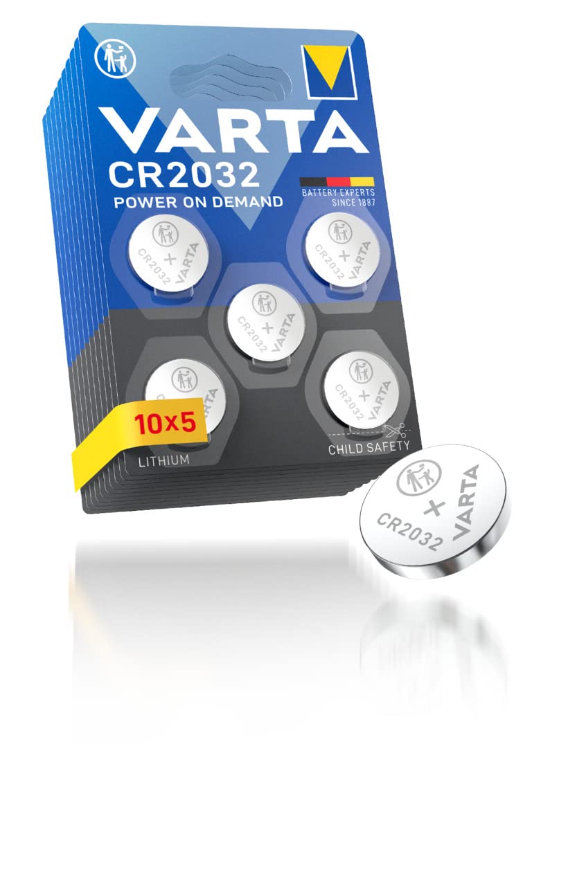 VARTA batteries button cells CR2032, 50 pieces, power on demand, lithium, 3V, safety-sealed packaging, for smart home devices, car keys and other applications - 6032101401