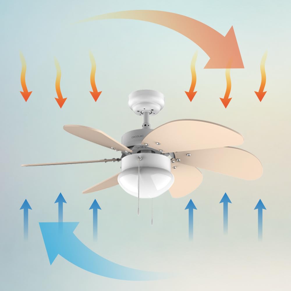 Cecotec ceiling fan EnergySilence 3600 Vision SunLight, 50 W, diameter 92 cm, lamp, 3 speeds, 6 reversible blades, summer/winter function, pull switch, white/yellow - 05963