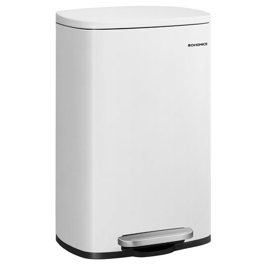 SONGMICS kitchen rubbish bin, 50 liters, waste bin, pedal bin, with lid, soft close, foot pedal, steel, inner bin, white LTB101W01
