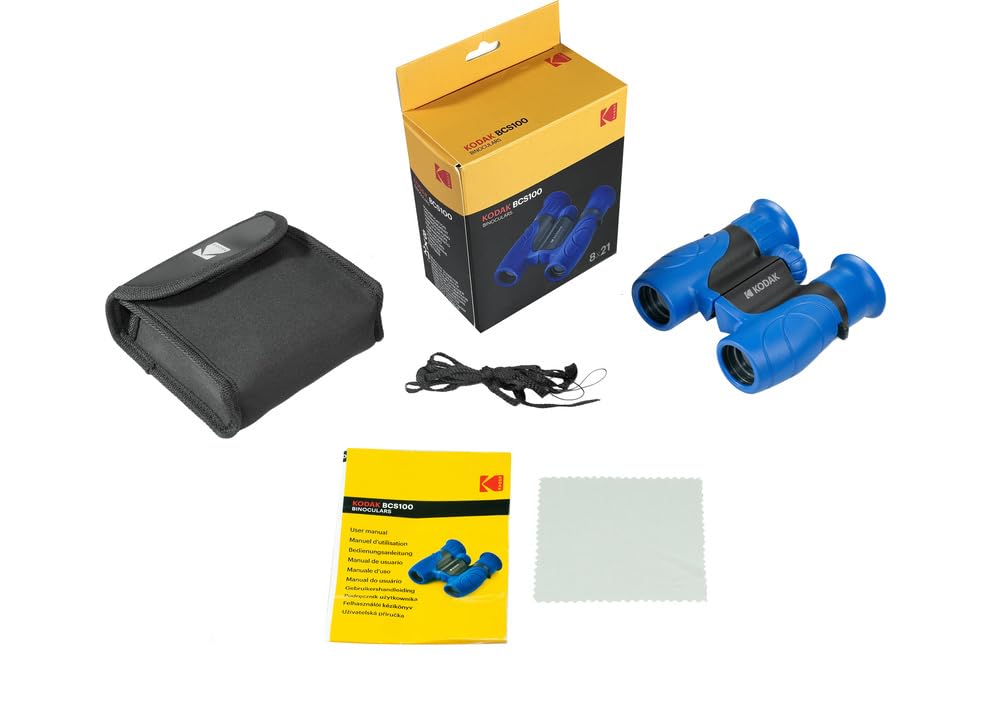 KODAK Binoculars for Children BCS100 - Compact Binocular Binoculars for Children, with Soft Rubber, Ergonomic, with Carrying Strap and Carrying Case, 8x Zoom - Blue - 3760265542574