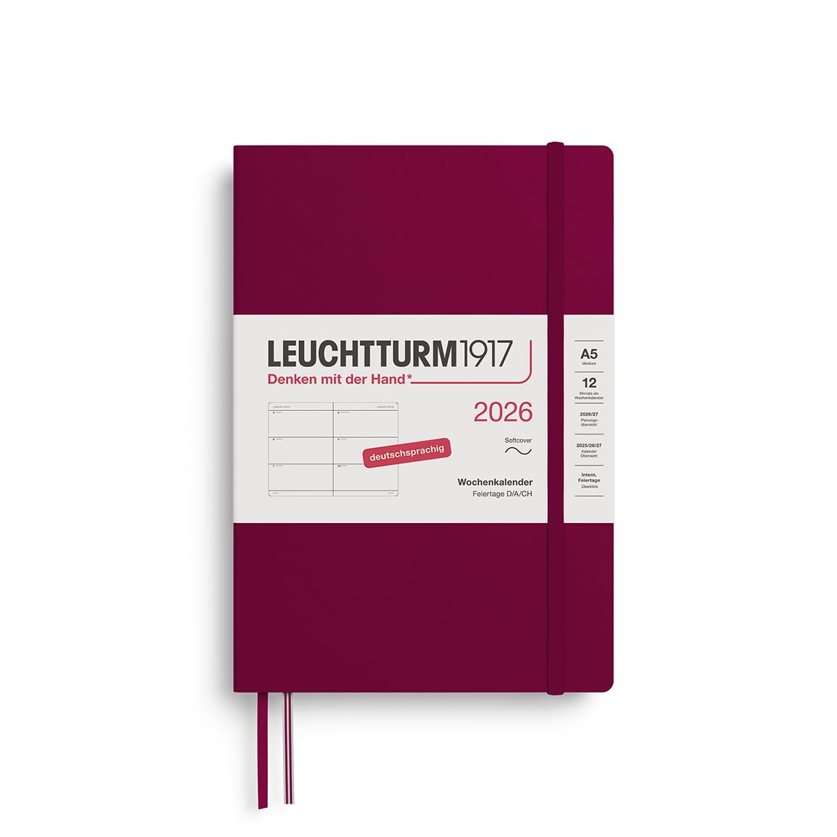 LEUCHTTURM1917 372557 Weekly Calendar Medium (A5) 2026, 12 Months, Softcover, Port Red, German