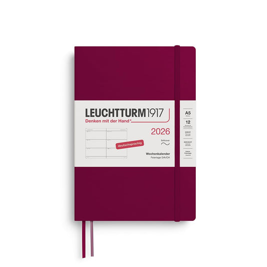 LEUCHTTURM1917 372557 Weekly Calendar Medium (A5) 2026, 12 Months, Softcover, Port Red, German