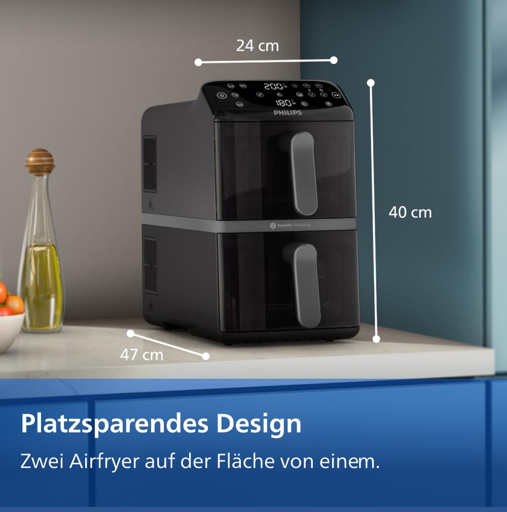 Philips Airfryer 4000 Series Stacked Dual Basket, stacked hot air fryer 2 chambers, 10L, RapidAir technology, 45% less space required, PFAS-free ceramic coating, viewing window (NA460/00)