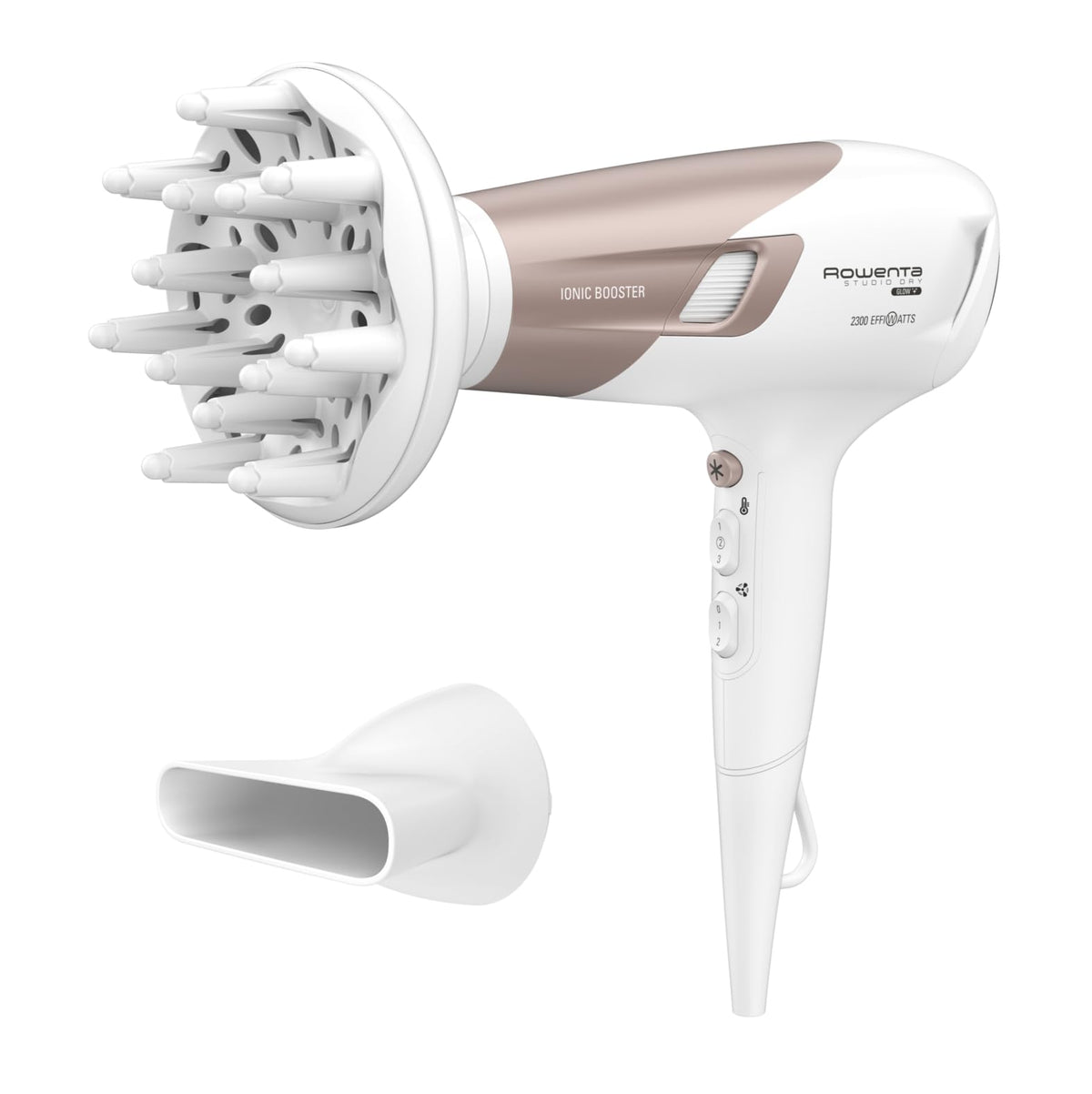 Rowenta Studio Dry Glow Hair Dryer, 2100 Watts, Hairdryer with Diffuser for Curls, 3 Temperature and 2 Speed Settings, Ion Function, Cool Air Button, White/Rose Gold, CV5830