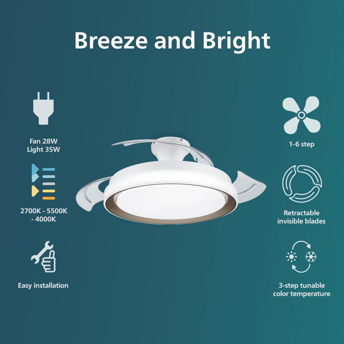 Philips Atlas ceiling fan with retractable blades and LED lighting, 3 blades, 106 cm wingspan, 3 lighting levels, adjustable white light, ultra-quiet, model 2024, gold - 8720169279124