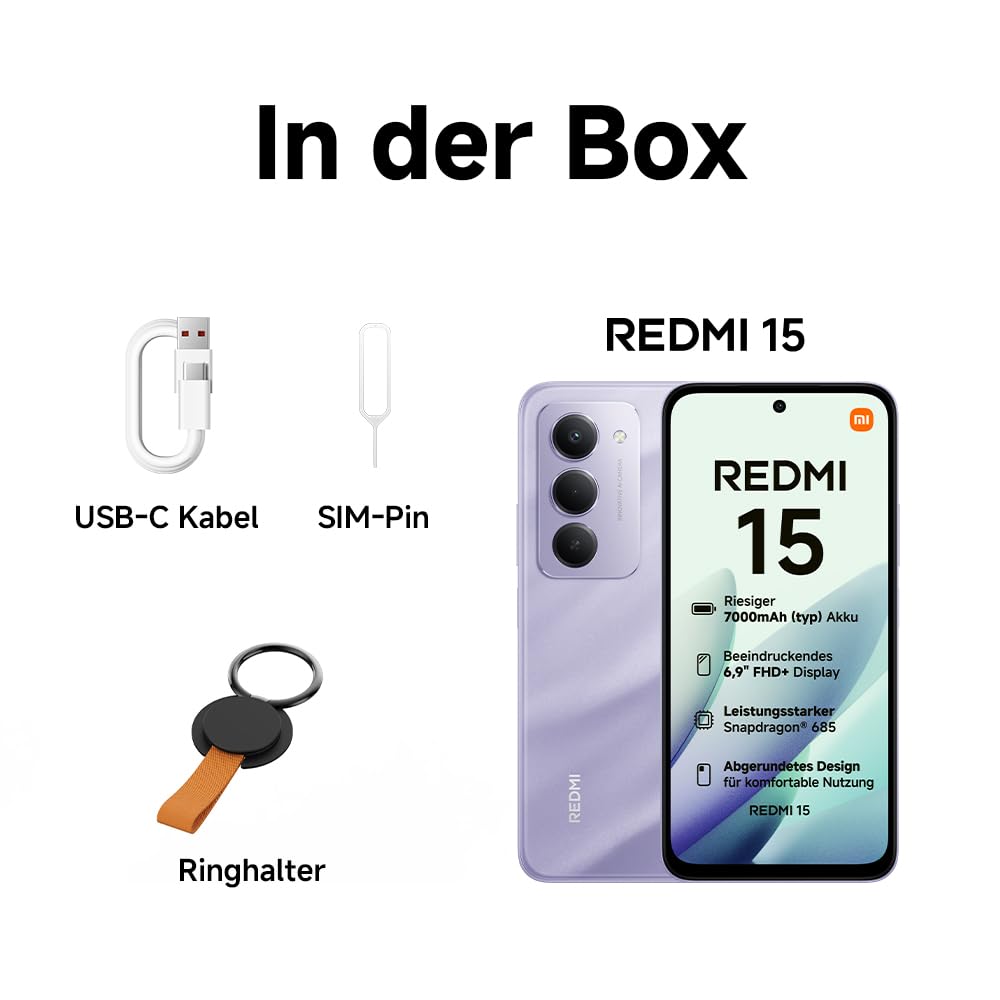 XIAOMI Redmi 15, smartphone 6+128GB, mobile phone with Android, 6.9" FHD+ 144Hz DotDisplay, Snapdragon 685, 50MP AI dual camera, 7000mAh battery, Midnight Black - MZB0MFXEU