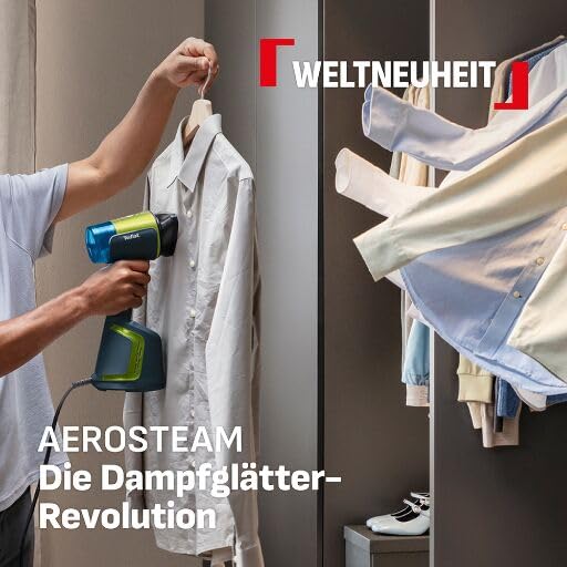 Tefal Aero Steam Garment Steamer – 1400W, Ceramic Soleplate, 20 g/Min. Steam, 3 Modes & Turbo Suction Function, 100 ml Removable Tank, Quick Wrinkle-Free Results, for Clothing & Textiles, Blue/Green - DT9810F0