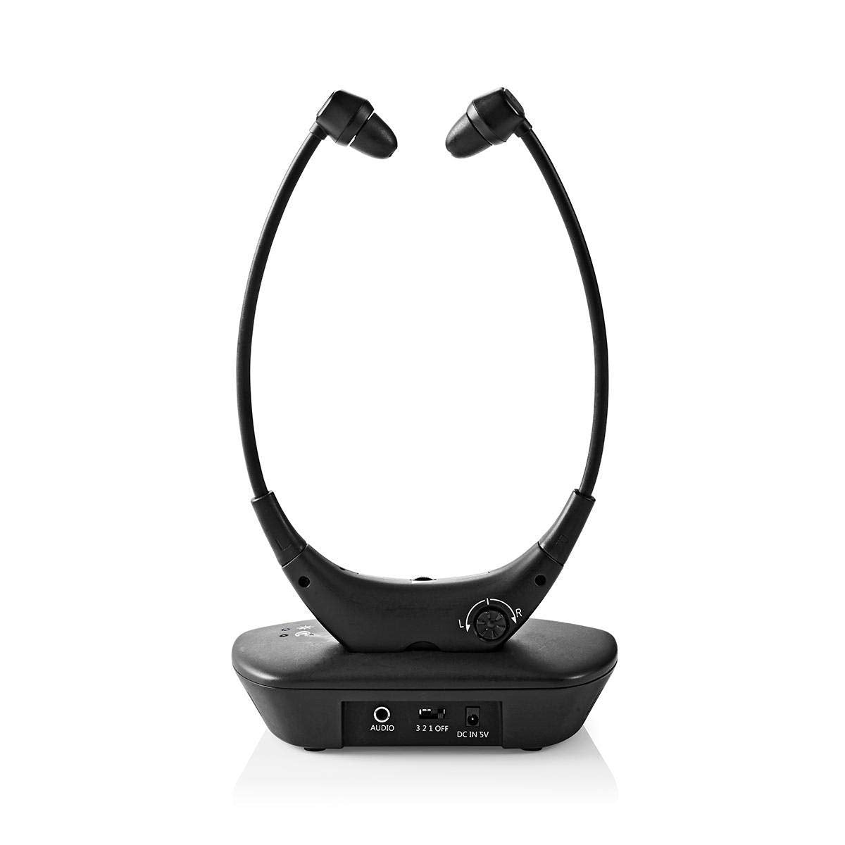Nedis HPRF010BK Căști TV fără fir - Căști In-Ear RF - Rază de acțiune de 35 m - Acumulator de 200 mAh - Durată de funcționare de 4 ore - Stație de încărcare - Negru