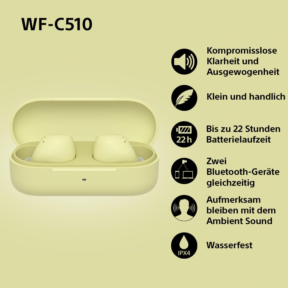 Sony WF-C510 Truly Wireless Headphones - Small, lightweight Bluetooth in-ear headphones with multipoint connection, ambient sound, IPX4 rating, Spotify Tap, Quick Charge, 22 HR battery, iOS & Android - yellow - WFC510Y.CE7