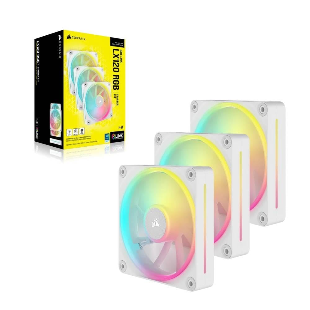 CORSAIR iCUE LINK LX120 RGB ventilator de 120mm PWM, pachet de trei – Dual Light Loops – Inclusiv hub de sistem iCUE LINK – Tehnologie CORSAIR AirGuide – Alb - CO-9051030-WW