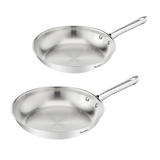 Tefal Duetto On Frying Pan Set, 2-piece, 24/28 cm, uncoated, thick heat diffusion base, comfort grip, durable, suitable for all types of cooktops, stainless steel, B866S234
