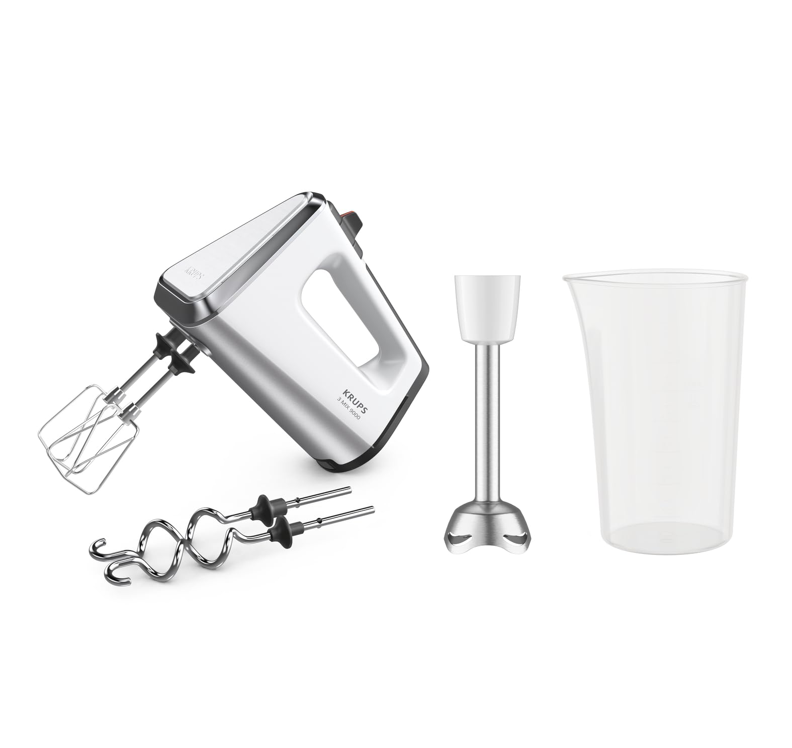 Krups 3 Mix 9000 hand mixer, 750 watts, speed control, turbo mode, ergonomic handle, hand mixer incl. whisk, dough hook, blender attachment, measuring cup, white/silver, GN9121