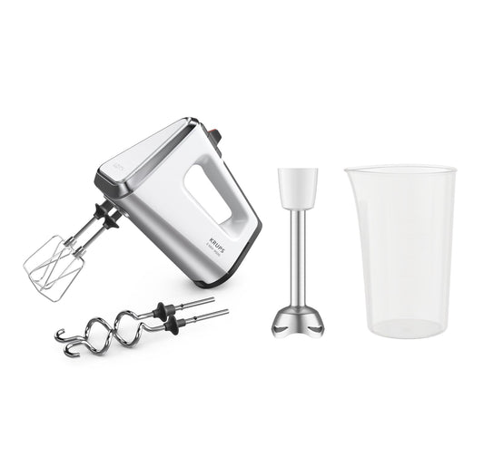 Krups 3 Mix 9000 hand mixer, 750 watts, speed control, turbo mode, ergonomic handle, hand mixer incl. whisk, dough hook, blender attachment, measuring cup, white/silver, GN9121