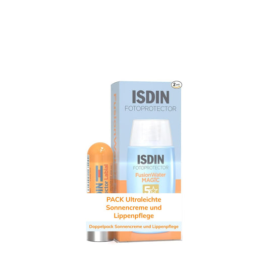 ISDIN Set Fusion Water MAGIC SPF 50 (50ml) + Lip Balm SPF 30 (4g) - Ultralight sun cream face & lip protection - Water-based, does not sting the eyes - 690028001
