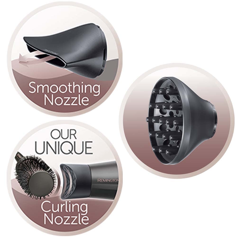 Remington Hair Dryer Ions [Curls & Waves & Straight] Curl-Straight (2200W, includes 3 styling attachments: conical & curling styling nozzle & diffuser, 45mm round brush & clips, 3 heat & 2 speed settings) D5707