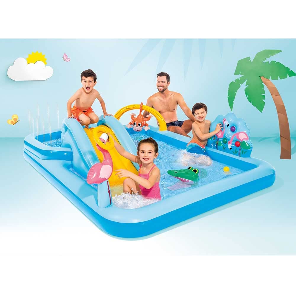 INTEX "Jungle Adventure Play" Inflatable Paddling Pool for Children Children's Pool Set 244 x 198 x 71cm Jungle World Flamingo, Crocodile, Hippopotamus & Monkey, Rain Shower & Slide, 550 l (57161NP)