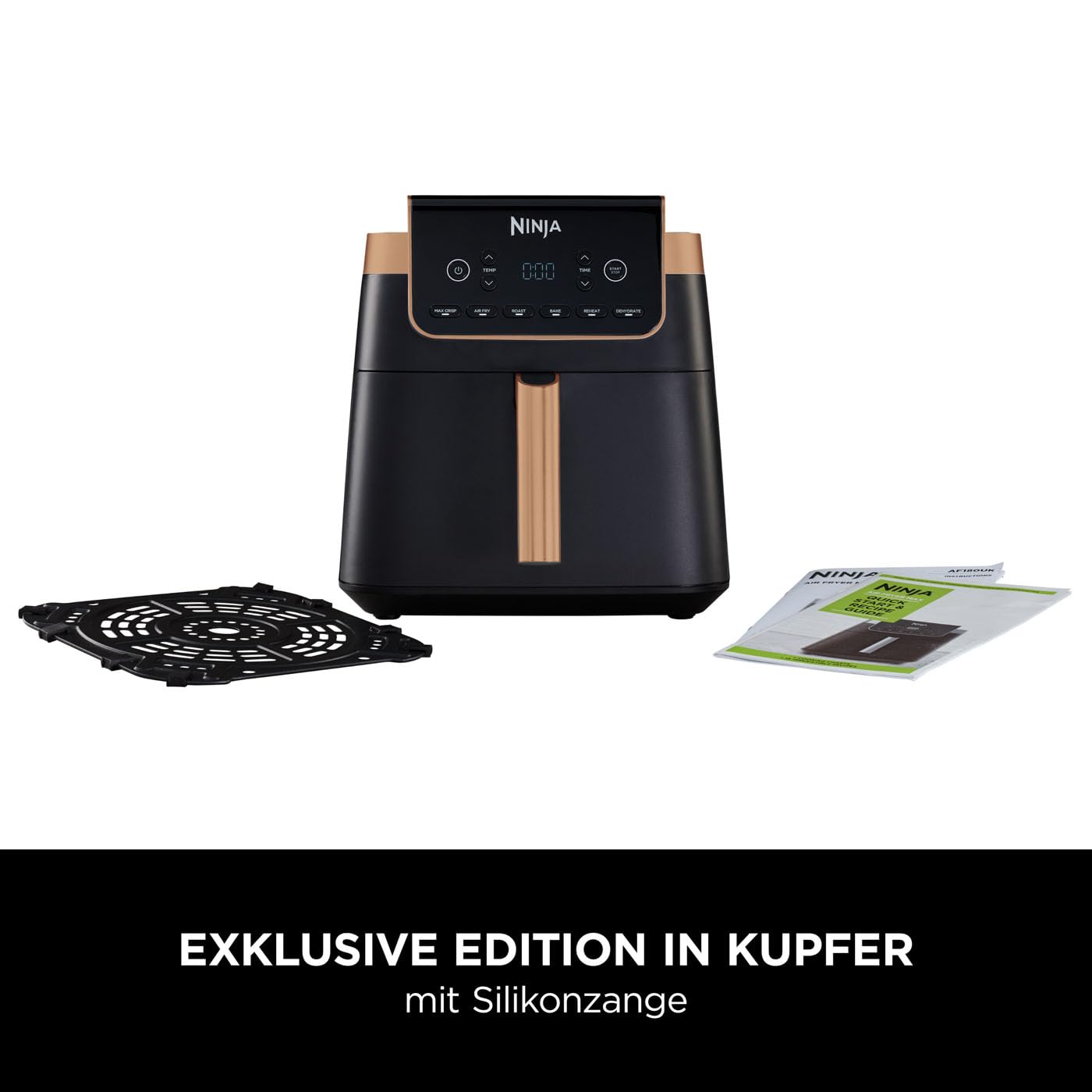 Ninja Air Fryer MAX PRO, 6.2L, Oil Free, Large Drawer, Roasting, Baking, Air Fry, Non-Stick, Dishwasher Safe Basket & Crisper Grid Insert, Silicone Tongs, Black/Copper, AF180EUCP