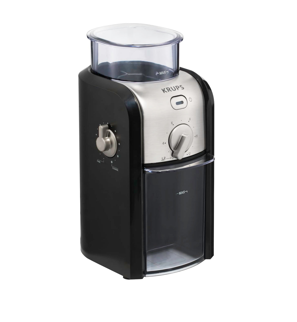 Krups electric coffee grinder with grind size and cup quantity selection, stainless steel conical burr grinder, 17 different settings, large filling opening with safety lid, espresso grinder, black, GVX212 - GVX242