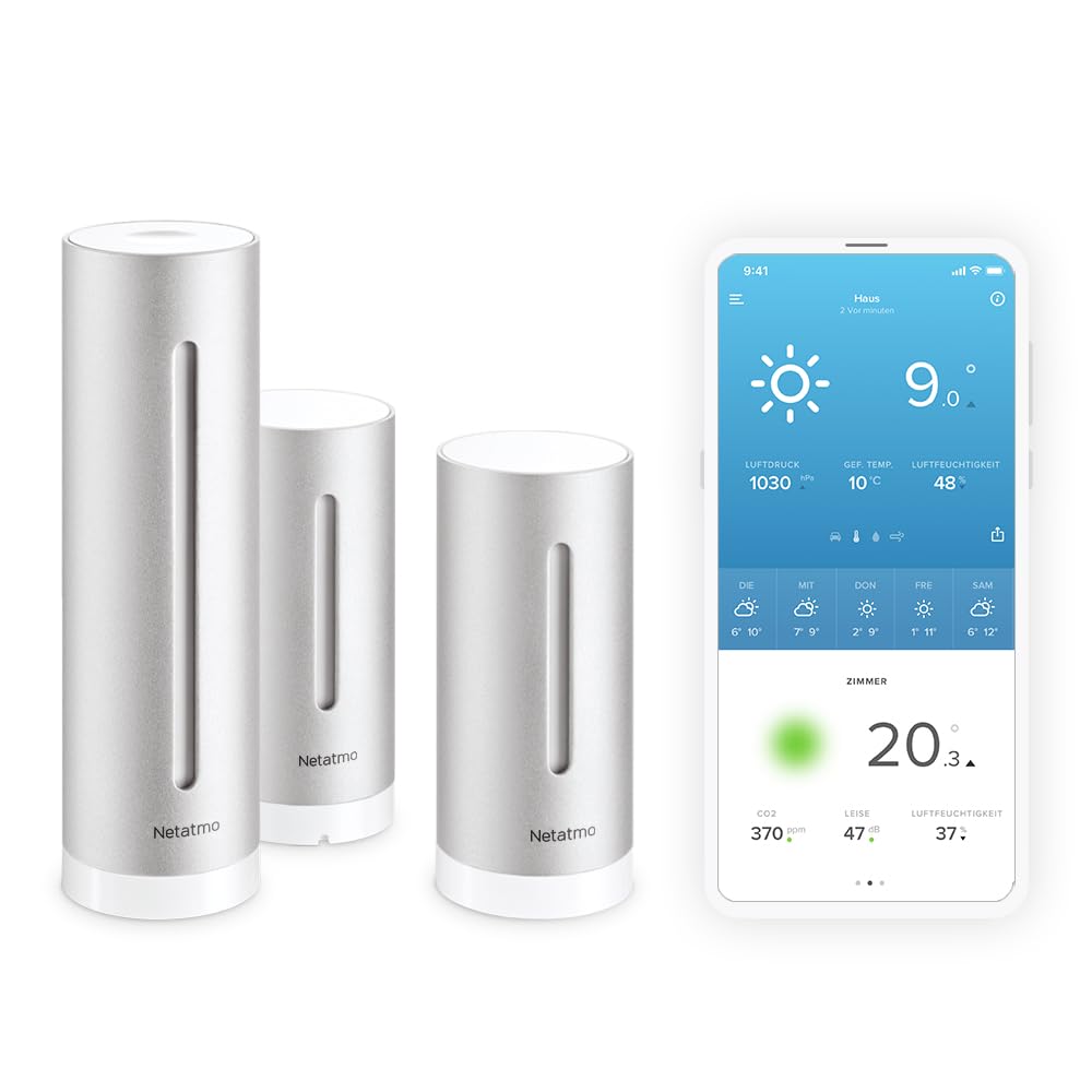 Netatmo Stație Meteo Interioară și Exterioară cu senzor exterior wireless + modul suplimentar, compatibil cu Amazon Alexa, Google Home și Apple HomeKit, NBU-NWS-NIM-EU