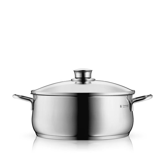 WMF Diadem Plus cooking pot Ø 24 cm large, roasting pot with glass lid, induction cooking pot, dishwasher-safe, 4.5 l, suitable for all common types of stoves, polished Cromargan stainless steel, uncoated - 0730256040