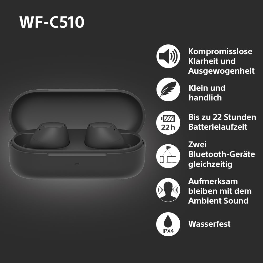 Sony WF-C510 Truly Wireless Headphones - Small, lightweight Bluetooth in-ear headphones with multipoint connection, ambient sound, IPX4 rating, Spotify Tap, Quick Charge, 22 HR battery, iOS & Android - black - WFC510B.CE7