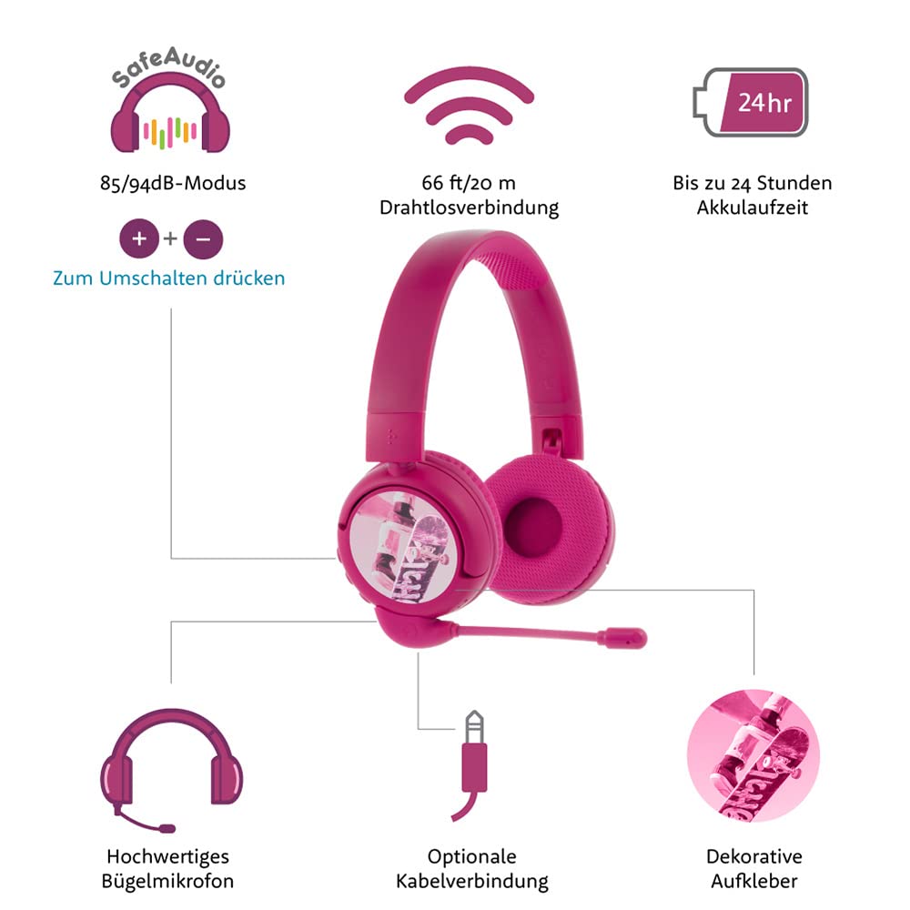 Brand new and “Made for Amazon”: BuddyPhones PopTime Pro Bluetooth children's headphones with volume limiter and boom microphone (ages: 3-12 years), pink - BT-BP-POP-TIMEP-PINK