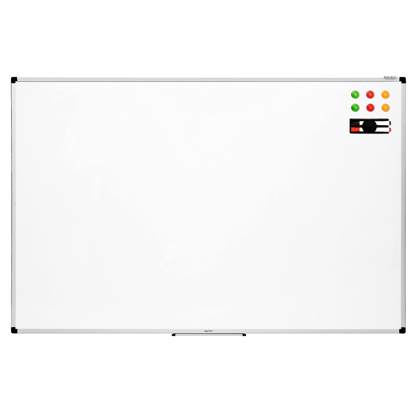 Amazon Basics magnetic whiteboard with aluminum frame, pen holder, 6 magnets, 1 eraser and 2 markers for office and home, wall mounting, dry wipe, 150cm x 100cm - 1548964542