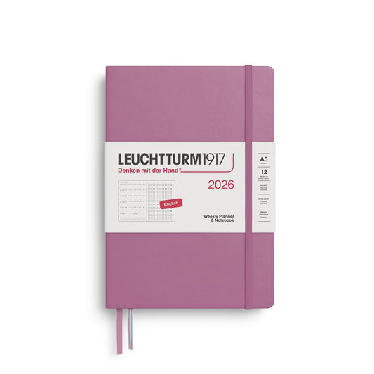LEUCHTTURM1917 372701 Calendar și caiet săptămânal cu punct mediu (A5) 2026, Dusty Rose, engleză