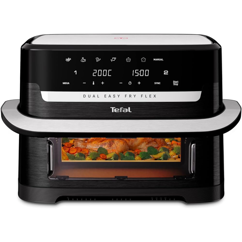 Tefal Dual Easy Fry Flex hot air fryer 9L - Airfryer with 2 chambers & GiantZone, FlexCook divider, 2700 W, 40-200 °C, 7 programs, low-fat frying & preparing 2 dishes at the same time EY9228 - EY9228E0
