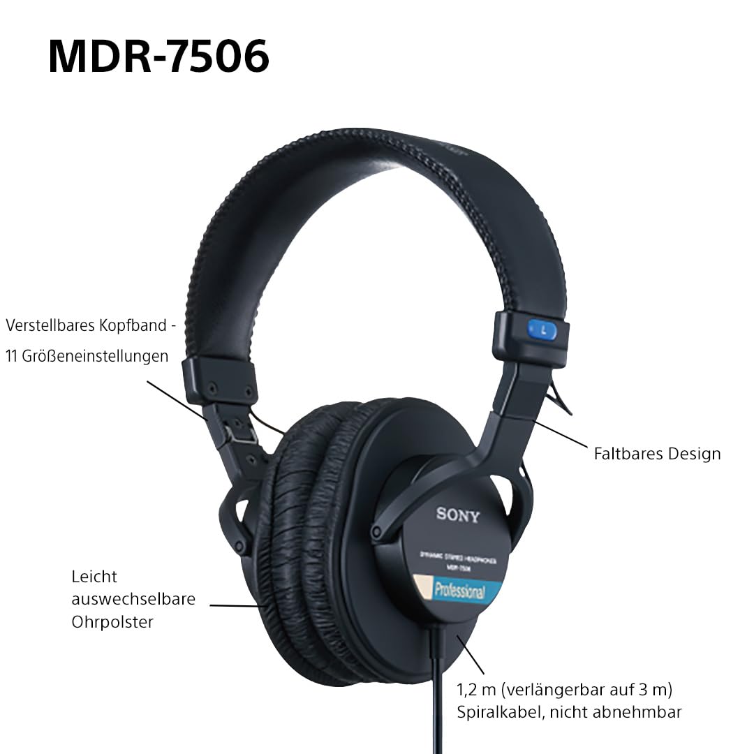 Sony MDR-7506 Closed-Back Wired Studio Monitor Headphones 10Hz-20kHz - MDR7506