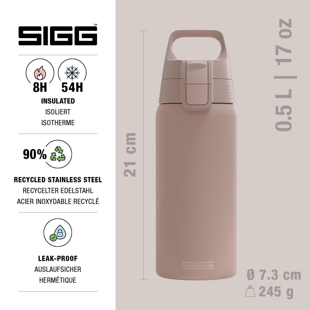 SIGG - Insulated drinking bottle - Thermos bottle Shield Therm One Dusk - carbonated drinks - leak-proof - dishwasher safe - BPA-free - 90% recycled stainless steel - warm gray - 0.5L - 6022.10