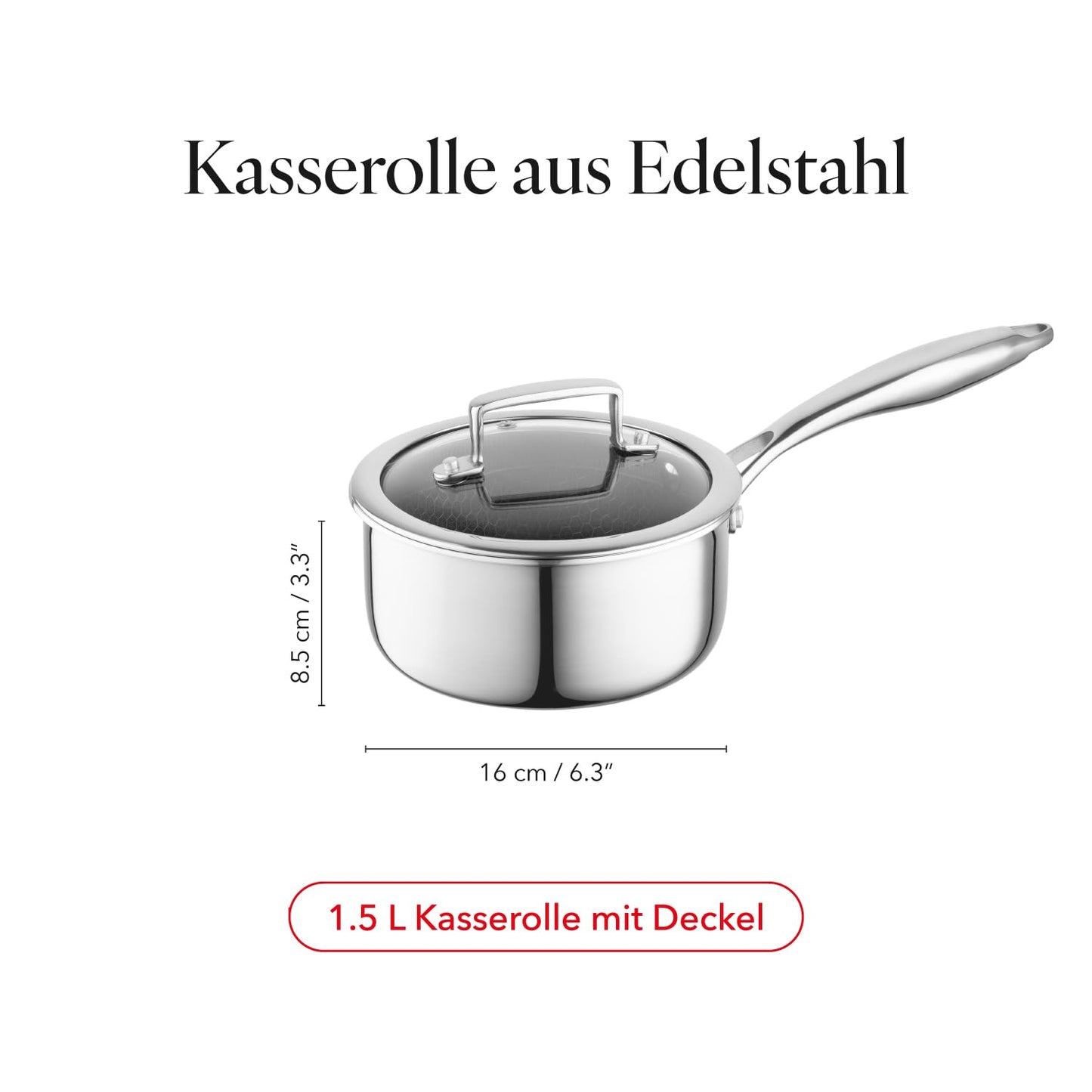 FLORINA stainless steel saucepan with glass lid ARISTO 16 cm 1L | Non-stick coating with honeycomb effect | Saucepan for all types of stoves | Heat-resistant lid | Can be used in the oven - 5R0025