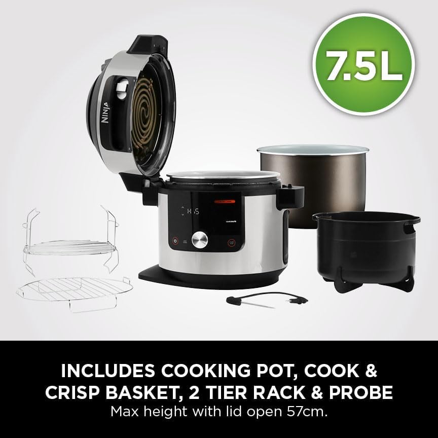 Ninja Foodi MAX Multicooker with Smart Lid, 7.5L, 14-in-1 Multicooker, Pressure Cooker, Air Fryer, Slow Cooker, digital temperature probe, stainless steel, OL750EU